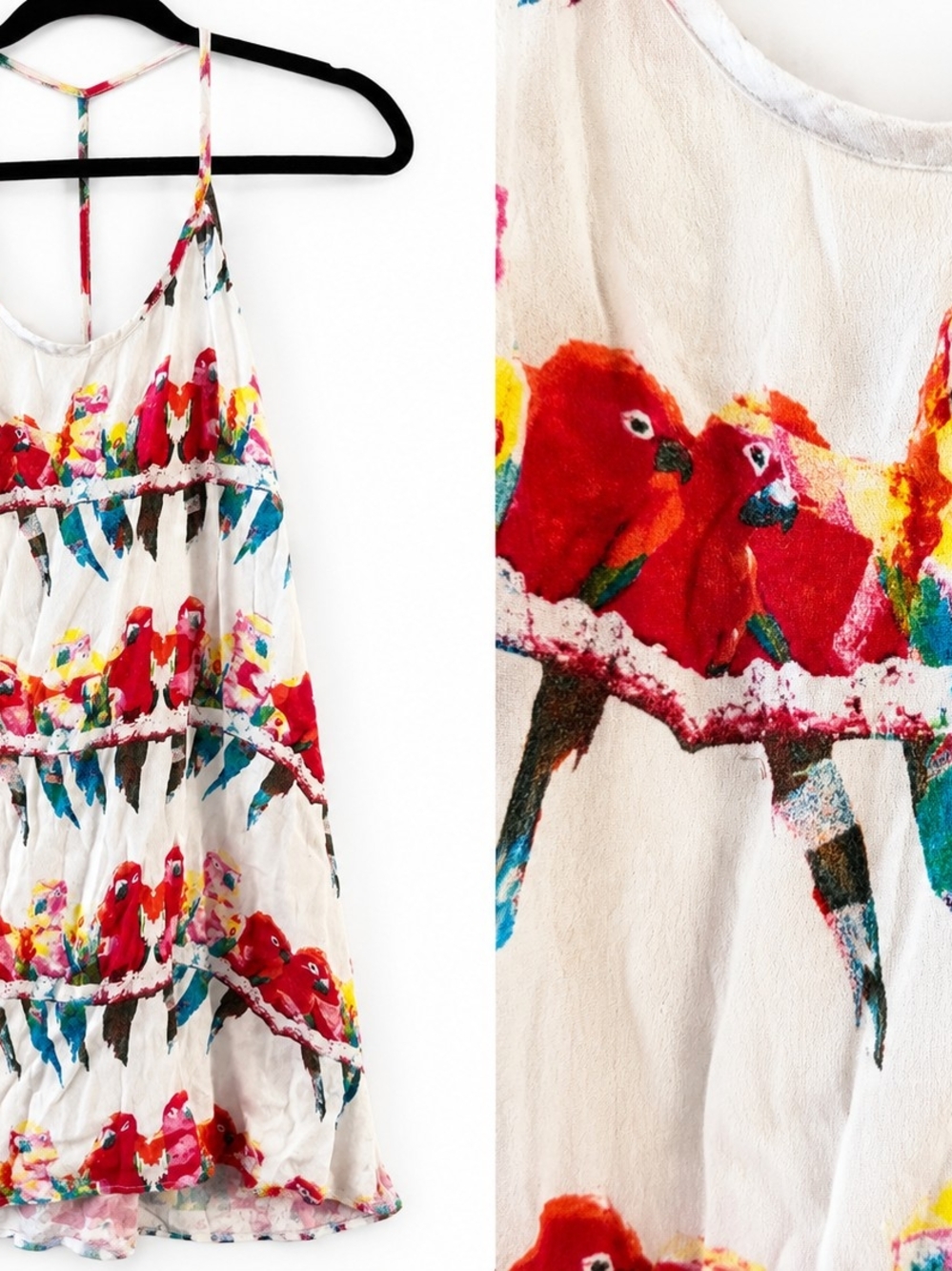 Women’s White Parrot Print Sleeveless Dress - Red Multi